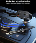 Retractable 4 In 1 USB C Car Charger With Dual Cables 69W Fast Charging Safe Charging with retractable cables in a car