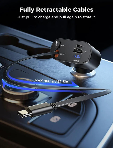 Retractable 4 In 1 USB C Car Charger With Dual Cables 69W Fast Charging Safe Charging with retractable cables in a car