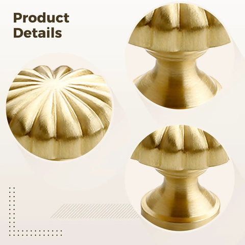 French Style Brass Cabinet Knobs Set Of Two, Gold Kitchen Cupboard Hardware, Pure Copper Dresser Drawer Pulls, close-up details of round knob design.