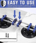 Seamless seam setter 2-pack with 7-inch vacuum suction cups; blue clamps on steel rods for countertop leveling.