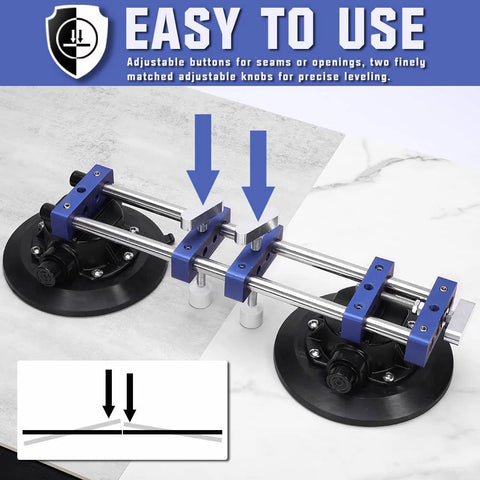Seamless seam setter 2-pack with 7-inch vacuum suction cups; blue clamps on steel rods for countertop leveling.