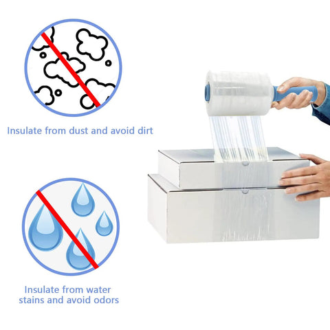 Two Pack Heavy Duty Stretch Wrap Film With Easy Spin Winding Handle And 80 Gauge Self Adhesive Pallet Rolls protecting boxes from dust and water stains.