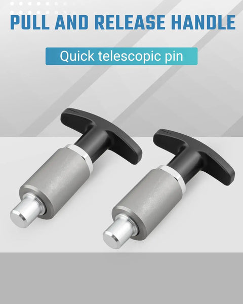 Shop Standard Spring Loaded Pull Pins Featuring Greaseless T Knobs And Heavy Duty Steel Locking Pegs Built Tough For Welding Rigs And Gym Storage While Delivering Corrosion Proof Quick Release Bolts That Hold Fast Under Stress, showing two black T-handle quick release pins.
