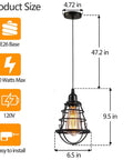 Industrial Edison Pendant Light 2 Pack With Adjustable 47.2 Inch Cord And Cage Shade E26 E27 Base size details