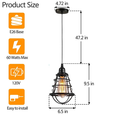 Industrial Edison Pendant Light 2 Pack With Adjustable 47.2 Inch Cord And Cage Shade E26 E27 Base size details