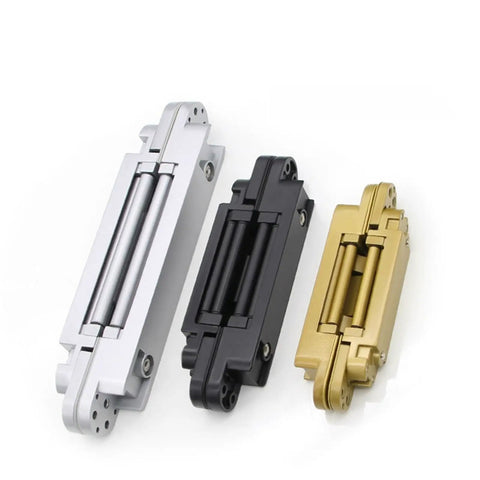 Hidden Cross Style Door Hinges With Silent Hydraulic Soft-Close in silver, black, and gold for wooden and aluminum doors.