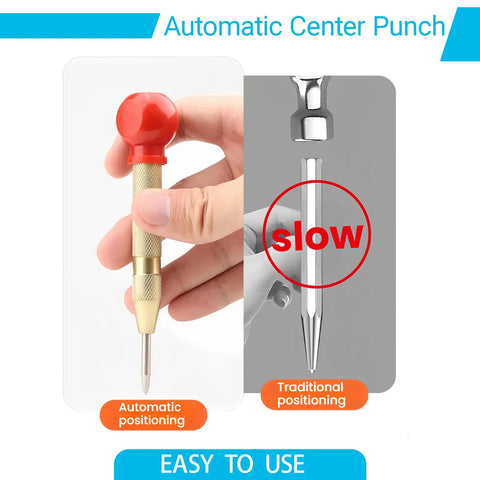 Two Pack Automatic Center Punch 5 Inch Brass Spring Loaded Hammerless Tool With Comfy Palm Wrap for precise metal marking.