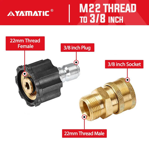 YAMATIC pressure washer adapter set, 2 pcs, M22 female to 3/8 inch quick-connect brass fittings.