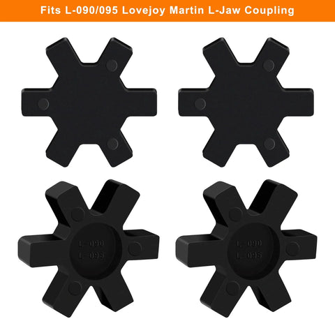 Four black solid spider center inserts for L-jaw coupling; six-armed star shape, NBR rubber, stamped L-090/L-095.