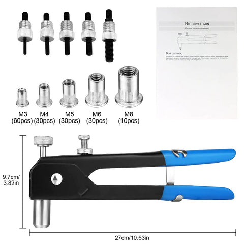 Rivet Nut Tool Kit 136 Pcs Set With M3 M4 M5 M6 M8 Mandrels And 130 Aluminum Ribbed Rivnuts Rivnut Gun Kit