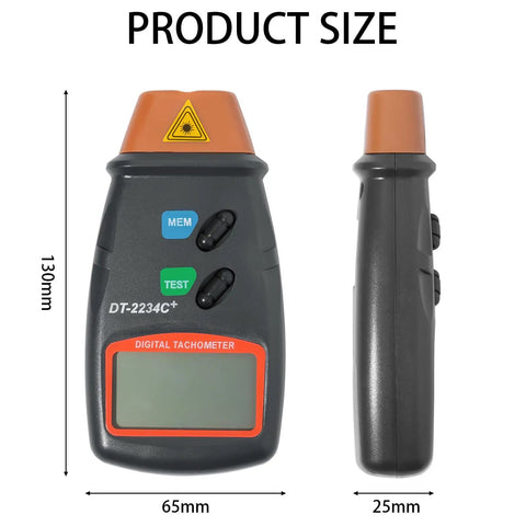 Portable Digital Laser Tachometer With Wide Measuring Range And Five Digit Display Non Contact RPM Meter front and side view