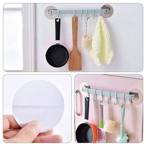 Self Adhesive Bathroom Towel Ring Holder With Rock Solid Grip Pad For Hassle Free Wall Mount Kitchen Storage Rack Stainless Steel Look with kitchen utensils hung.