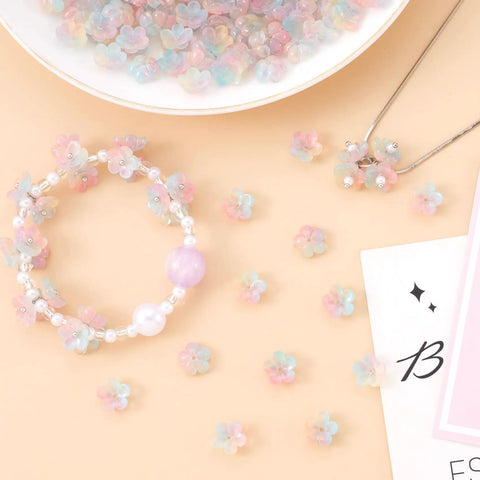 Plum Blossom Five Petal Gradient Acrylic Flower Beads 100 Pieces Pink Blue DIY Jewelry Making Craft Supplies with Bracelet and Necklace