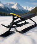Steering Wheel Snow Racer Sled With Brakes on snowy mountain terrain, features kart style design, PE skis, and adjustable handlebars.
