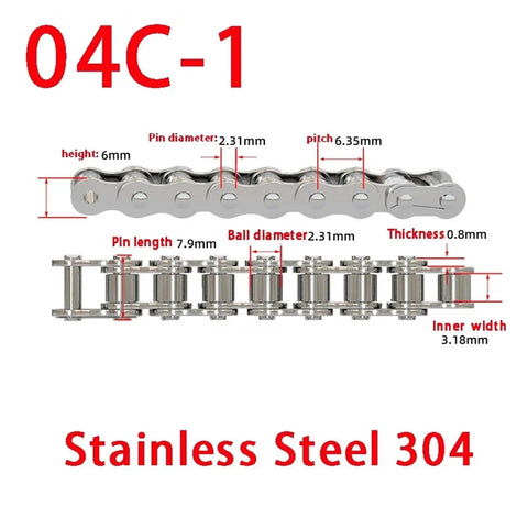 Durable 304 Stainless Steel Short Pitch Roller Chain, One Piece Industrial Drive Equipment Transmission Component, Reliable 1.5 Meter Power Link For Tough Machinery Jobs showing dimensions.