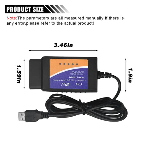 OBD2 USB Diagnostic Adapter and Coding Tool with MSCAN HSCAN Switch for Windows OBDII Scanner shown with dimensions