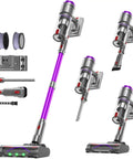 Heavy Duty Cordless Stick Vacuum, 60KPa Beast Suction, 650W Motor, Eighty Minute Runtime, Smart Auto Mode, Anti Tangle Brush, Self Standing, Crushes Pet Hair On Carpet And Hardwood Floors, multiple attachments view.