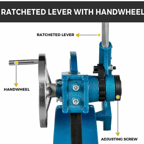 Close-up of the ratcheted lever and handwheel on the Heavy Duty Cast Iron Arbor Press Machine for precision tasks.