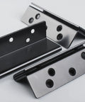 Heavy Duty Bed Frame Hardware Double Hook Slot Bed Post Brackets 4 PCS Black Powder Coated Iron, close-up of brackets.