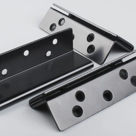 Heavy Duty Bed Frame Hardware Double Hook Slot Bed Post Brackets 4 PCS Black Powder Coated Iron, close-up of brackets.