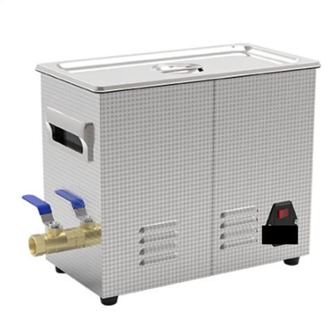 Badass Heavy Duty Digital Ultrasonic Cleaner With 6 5 Liter Tank 40 Khz Settings front view showing stainless steel body and drain valve.