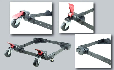Universal Heavy Duty Mobile Base For Large Woodworking And Metalworking Machines, expands with 3-inch swivel wheels shown in detail