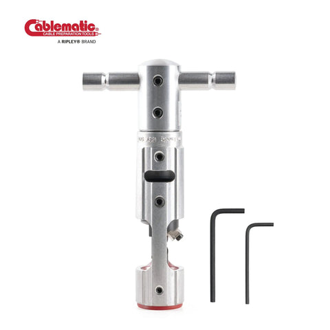 Pro Grade Coax And Hardline Cable Prep Tool That Cores And Strips In One Pass, 500 Kcmil Capable, silver T-handle, with wrenches