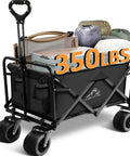 Heavy Duty Foldable Wagon Cart With 300 Lb Load Capacity, Do-It-All All Terrain Wheels loaded with camping gear, black.