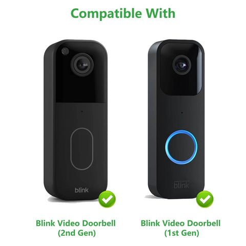 Compatible Blink Video Doorbell Gen 1 and 2 shown side by side for Anti Theft Doorbell Mount For Video Doorbell Gen 1 And Gen 2, No Drill Installation, Non Blocking Motion Sensor, Apartment Friendly Renters Kit, Easy Setup, Black Finish, Keeps Your Door Camera Secure.