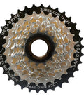 8 Speed Freewheel 13-34T for mountain riding and touring, durable steel cogs with polymer spacers, wide gear range, top view