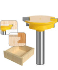 Premium 1/2-Inch Drawer Lock Router Bit With Straight Tenon Knife for Super Strong Wood Drawers And Quick Precision Joinery Projects That Build Like A Boss, shown with yellow top and steel shank.
