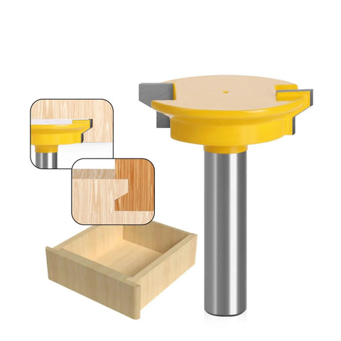 Premium 1/2-Inch Drawer Lock Router Bit With Straight Tenon Knife for Super Strong Wood Drawers And Quick Precision Joinery Projects That Build Like A Boss, shown with yellow top and steel shank.