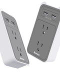 4 In 1 Outlet Extender With Phone Cradle, Dual AC Outlets And 3 USB Ports, Two USB A Ports Sharing 5V 2.1A Plus One USB Port 5V 2.1A Max, No Surge Protector, Ideal For Desks And Dorm Rooms. White and gray design, angled view.