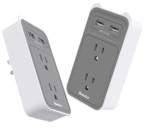 4 In 1 Outlet Extender With Phone Cradle, Dual AC Outlets And 3 USB Ports, Two USB A Ports Sharing 5V 2.1A Plus One USB Port 5V 2.1A Max, No Surge Protector, Ideal For Desks And Dorm Rooms. White and gray design, angled view.