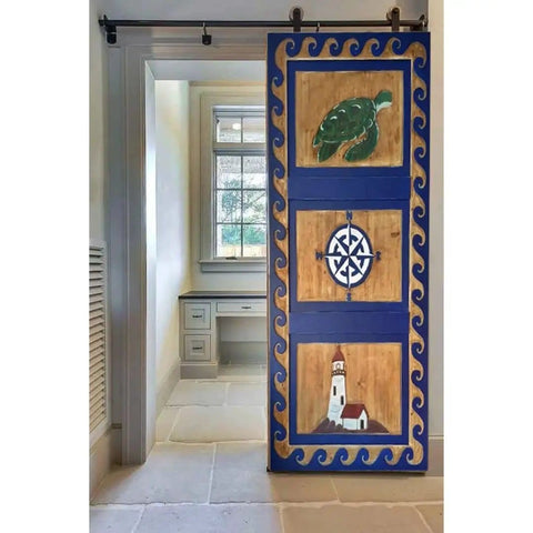 Coastline Nautical Barn Door For Exterior And Interior Sliding Use, Single Or Double Doors, Sea Turtle Lighthouse And Compass Decor