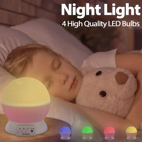 Child sleeping with plush toy beside Star Projector Night Light For Girls And Kids Room Rotating Night Light With 8 Color Changing