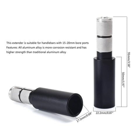 1 Pair Adjustable Bike Handlebar Extension Made From Aluminum Alloy with measurements and folded view