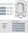 Toilet seat size guide image with measurements for Top Shelf Square Soft Close Toilet Seat With Silent Glide Lid And Adjustable Swivel Hinges Tool Free Setup Secure Mount Durable White High Gloss Finish.