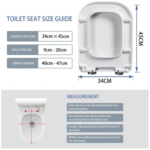 Toilet seat size guide image with measurements for Top Shelf Square Soft Close Toilet Seat With Silent Glide Lid And Adjustable Swivel Hinges Tool Free Setup Secure Mount Durable White High Gloss Finish.