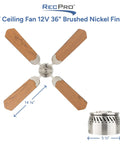 12V RV Ceiling Fan With 36 Inch Brushed Nickel Finish Four Blades Includes Switch Oak Blade Option Compact Roof Fan
