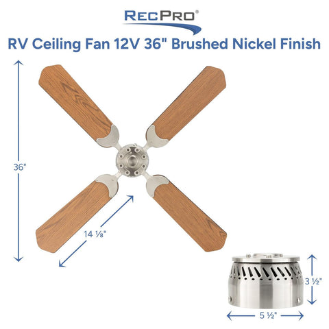 12V RV Ceiling Fan With 36 Inch Brushed Nickel Finish Four Blades Includes Switch Oak Blade Option Compact Roof Fan