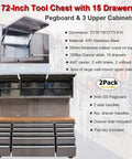 2 Pack Of 72 Inch Tall Stainless Steel Rolling Tool Chest With 15 Drawers 3 Wall Cabinets Pegboard And Deep Wood Top with open cabinets