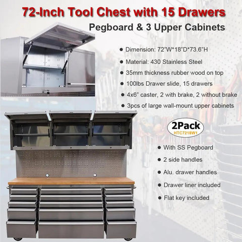 2 Pack Of 72 Inch Tall Stainless Steel Rolling Tool Chest With 15 Drawers 3 Wall Cabinets Pegboard And Deep Wood Top with open cabinets