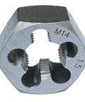 Heavy Duty M14 X 1.5 Hex Die Rethreading Tool For Restoring Worn Threads, Carbon Steel Construction shown in close-up view.