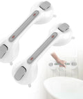 2-pack 12 Inch Gray Suction Grab Bar With Indicators, no drill, for bath tub safety; shows hand demonstrating portable use near bath.