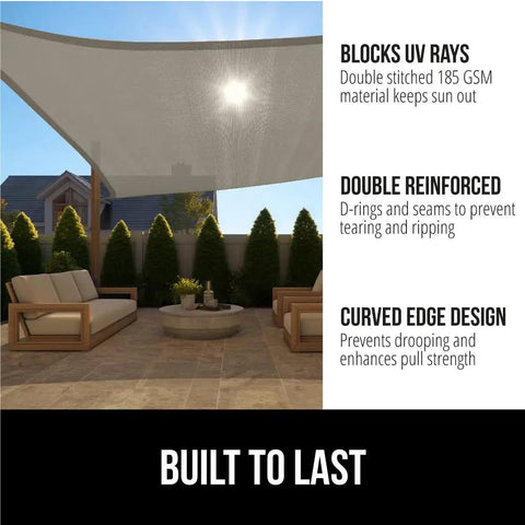 Heavy Duty Sun Shade Canopy 12 By 16 Ft Gray Built To Last With UV Protection Fade And Tear And Rust Resistant installed on patio