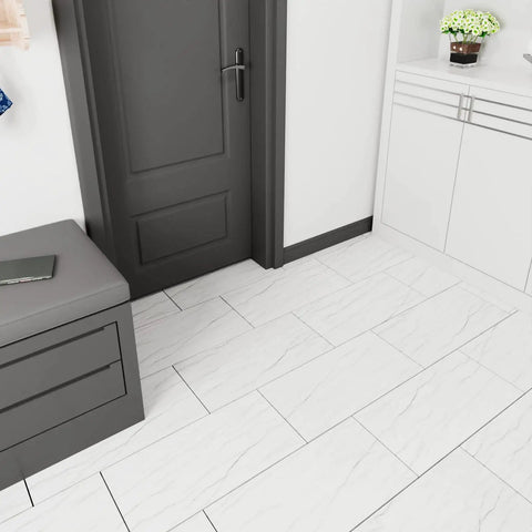 Grey White Marble Peel And Stick Floor Tiles 12x24 In 15 Pack Diy Ready Waterproof Vinyl Sheet Flooring Stick On And Removable for Bathroom and Kitchen Renovations Now installed in an entryway