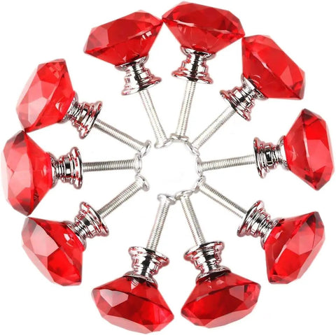 Showstopping Sparkling Diamond Shaped Crystal Glass Cabinet Knobs and 30mm Drawer Pulls with Red Accent Alloy Chrome Hardware to Slap Your Kitchen or Dresser Look Game Strong All Day, diamond-cut red crystal knobs.