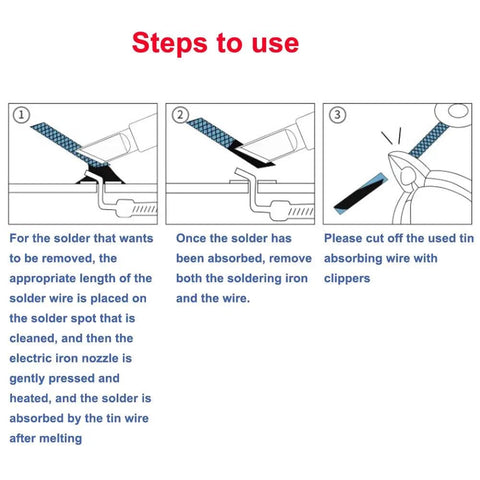 Steps to use desoldering solder wick braid 5ft length 4mm width for electronics repair tool with illustrations for solder removal