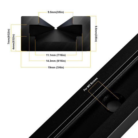 Close-up of black 48 Inch Aluminum T Track Set for Woodworking with measurements and predrilled hole detail